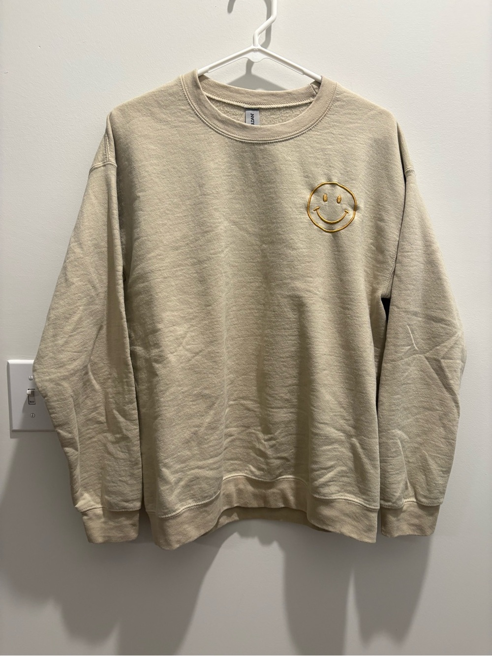 Gildan Cream Crewneck Sweatshirt with Yellow Smiley Embroidery